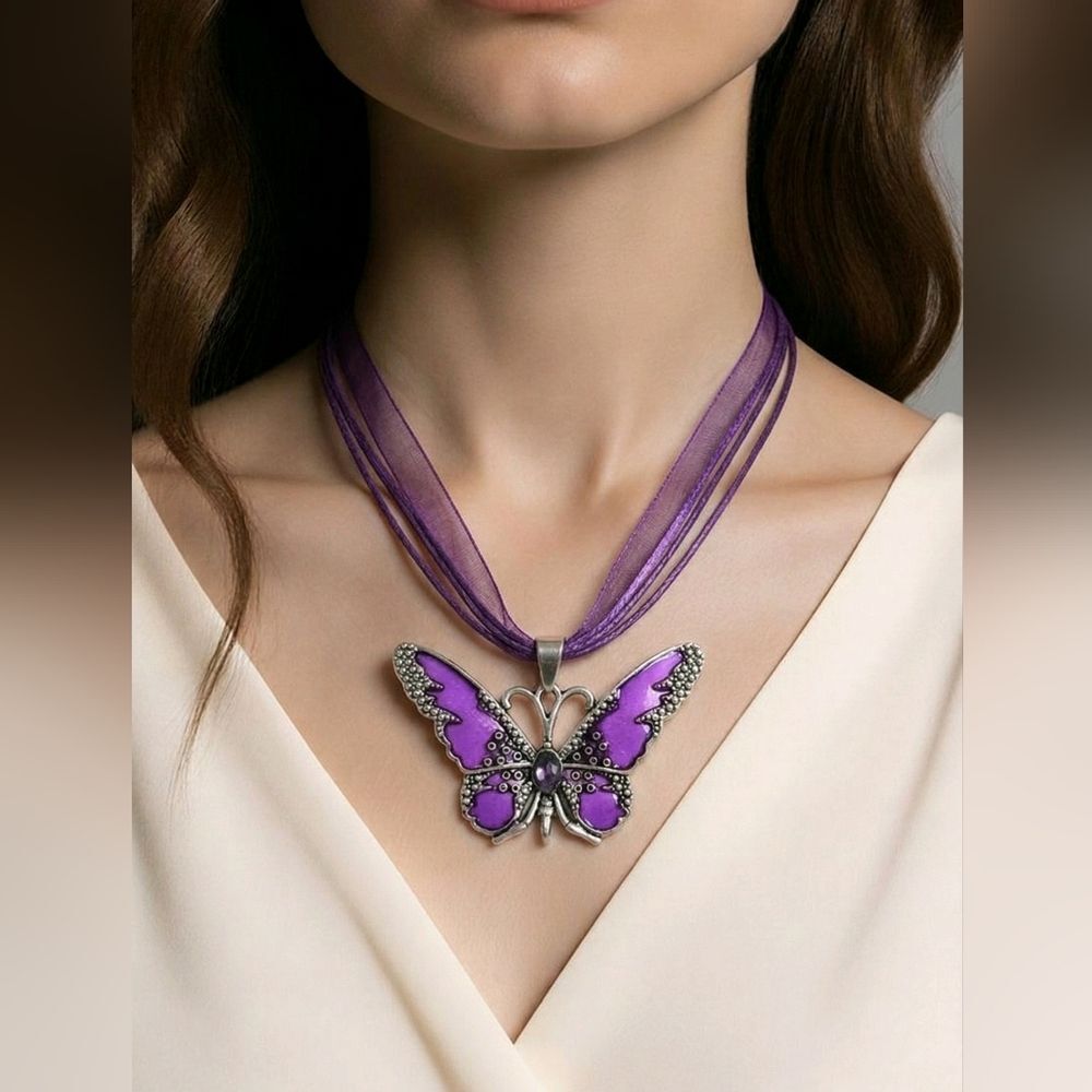 Purple Butterfly Pendant Necklace Enamel Rhinestone Fairy Kawaii Boho Gift